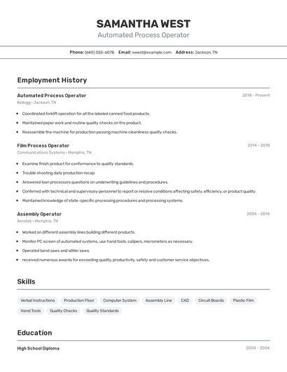 Automated Process Operator Resume
