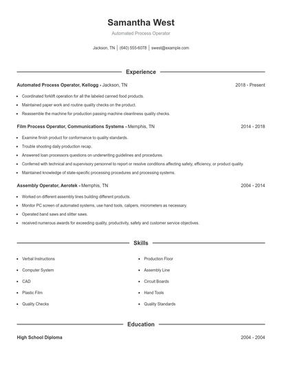 Automated Process Operator Resume