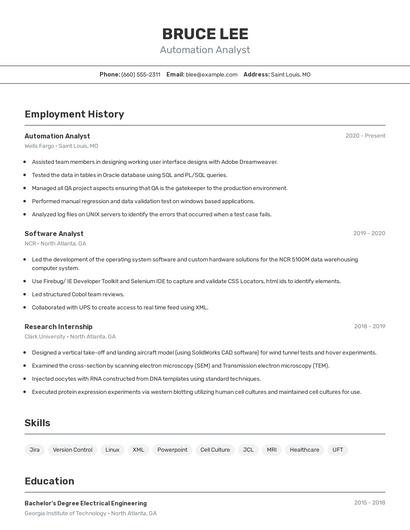 Automation Analyst Resume