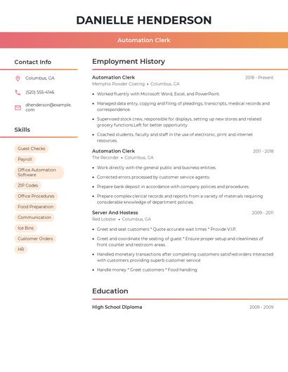 Automation Clerk Resume