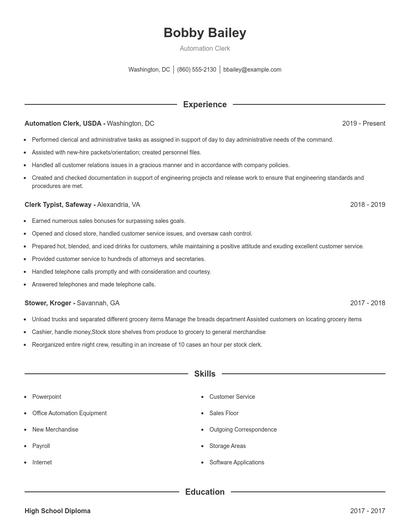 Automation Clerk Resume