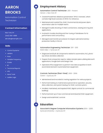 Automation Control Technician Resume