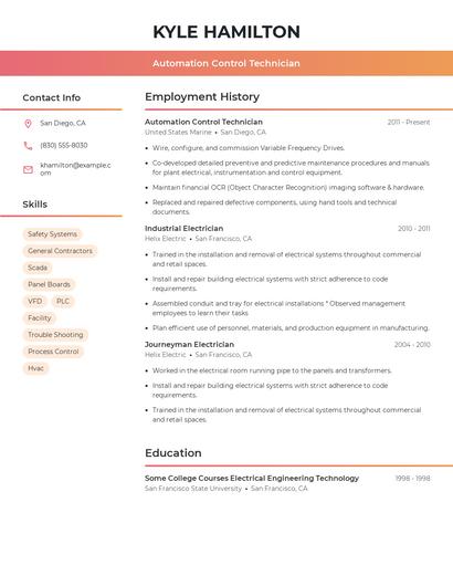 Automation Control Technician Resume