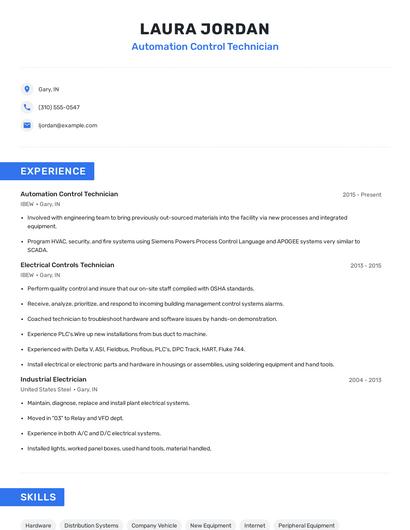 Automation Control Technician Resume