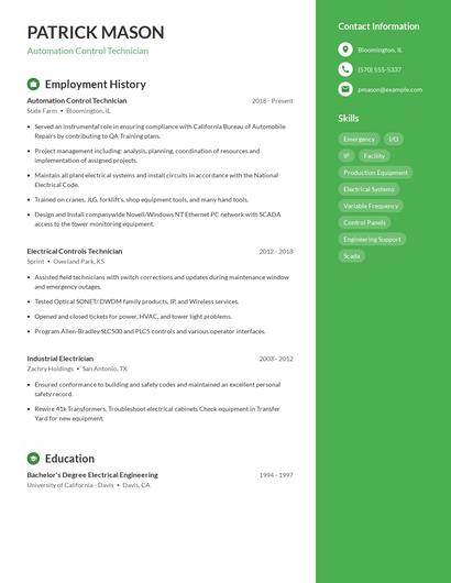 Automation Control Technician Resume