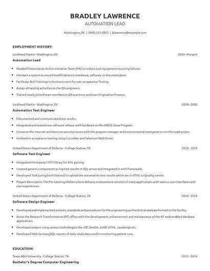 Automation Lead Resume