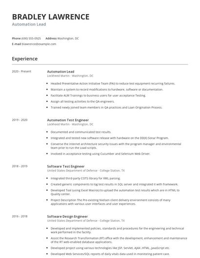 Automation Lead Resume