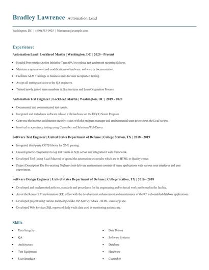 Automation Lead Resume