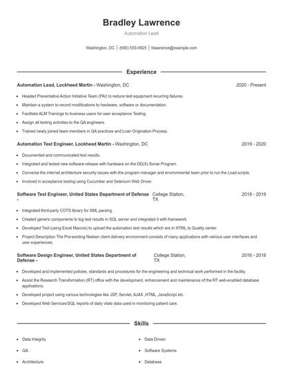 Automation Lead Resume