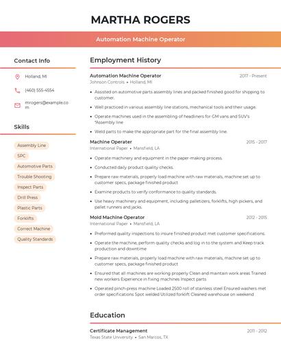 Automation Machine Operator Resume