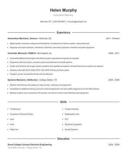 Automation Mechanic Resume