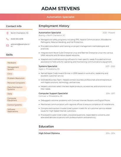 Automation Specialist Resume