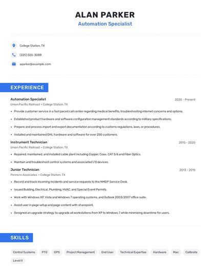 Automation Specialist Resume