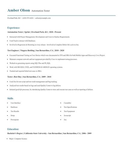 Automation Tester Resume