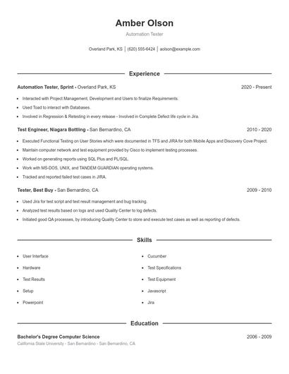 Automation Tester Resume