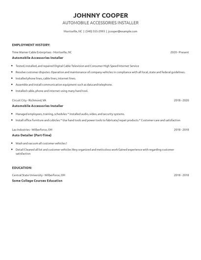 Automobile Accessories Installer Resume