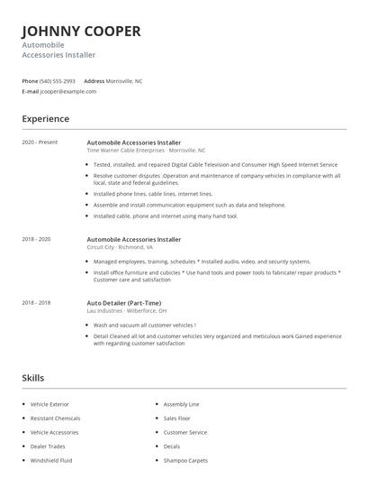 Automobile Accessories Installer Resume