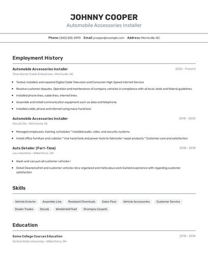 Automobile Accessories Installer Resume