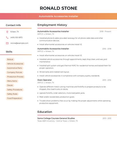 Automobile Accessories Installer Resume