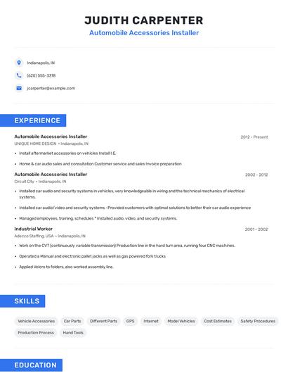 Automobile Accessories Installer Resume