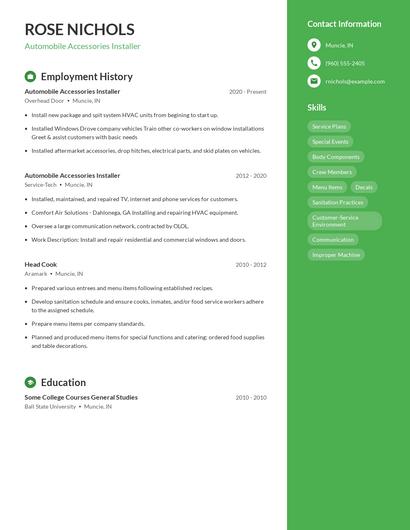 Automobile Accessories Installer Resume