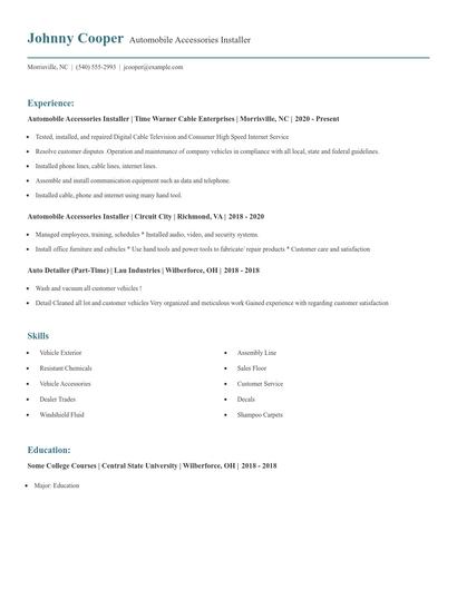 Automobile Accessories Installer Resume
