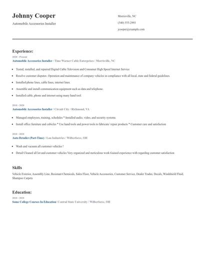 Automobile Accessories Installer Resume