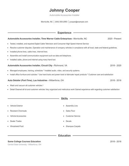 Automobile Accessories Installer Resume