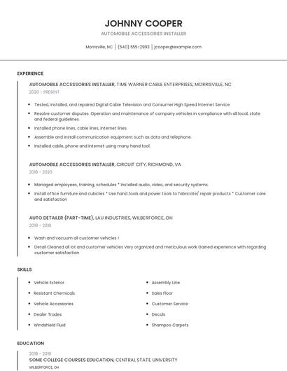 Automobile Accessories Installer Resume