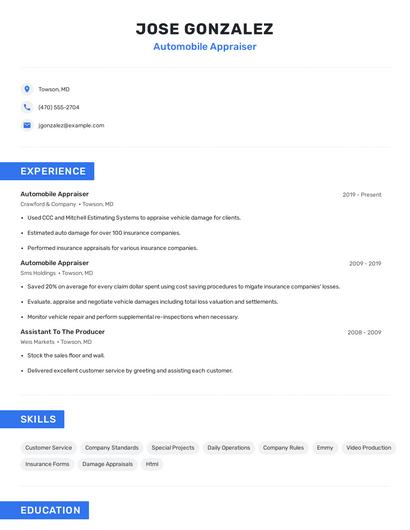 Automobile Appraiser Resume