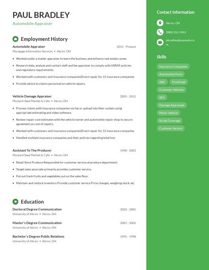 Automobile Appraiser Resume
