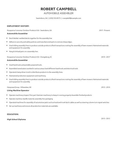 Automobile Assembler Resume