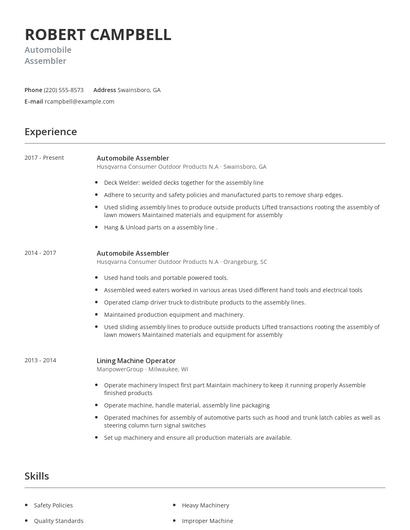 Automobile Assembler Resume