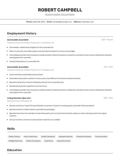Automobile Assembler Resume