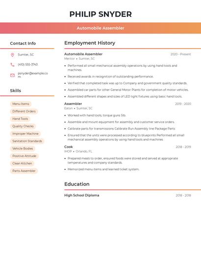 Automobile Assembler Resume