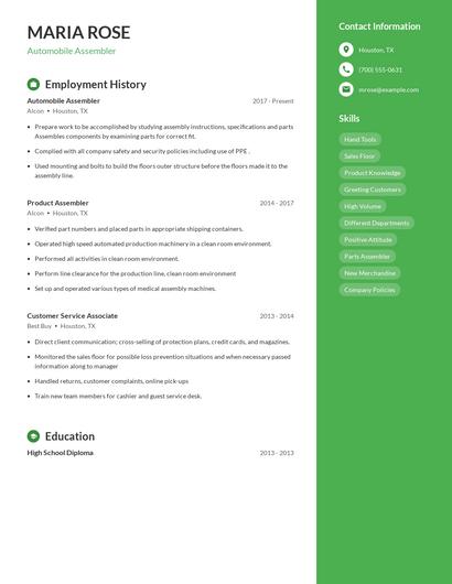 Automobile Assembler Resume