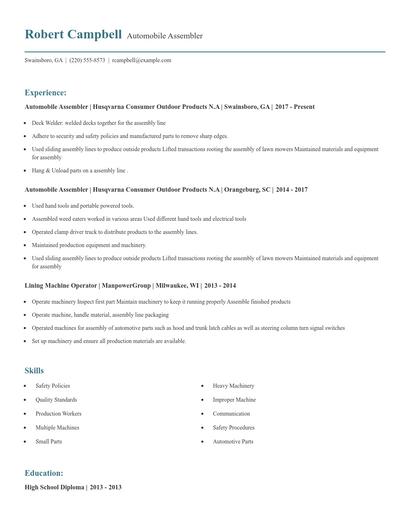 Automobile Assembler Resume