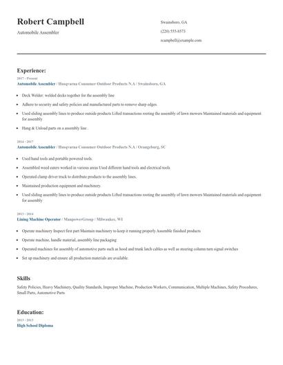 Automobile Assembler Resume