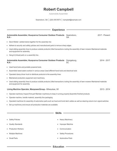 Automobile Assembler Resume