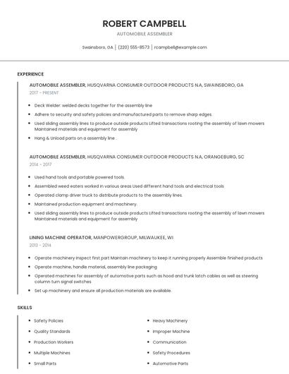Automobile Assembler Resume
