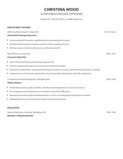 Automobile Damage Appraiser Resume