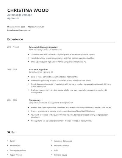 Automobile Damage Appraiser Resume