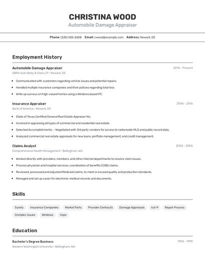 Automobile Damage Appraiser Resume