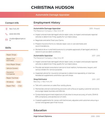 Automobile Damage Appraiser Resume