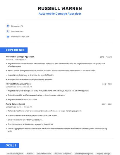 Automobile Damage Appraiser Resume