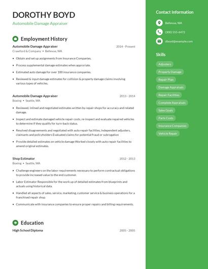 Automobile Damage Appraiser Resume