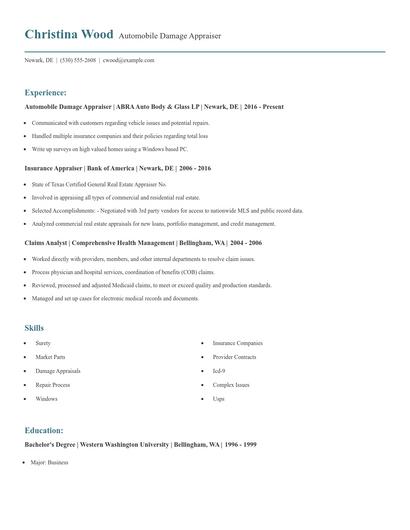 Automobile Damage Appraiser Resume