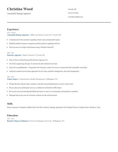 Automobile Damage Appraiser Resume