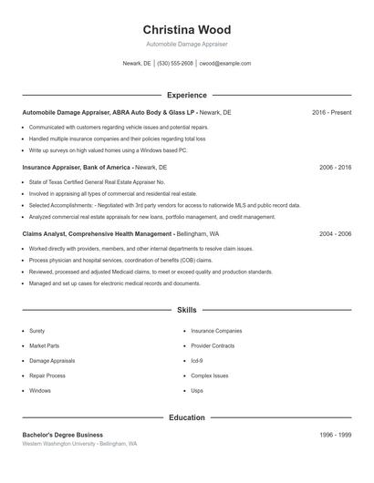 Automobile Damage Appraiser Resume