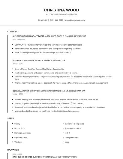 Automobile Damage Appraiser Resume